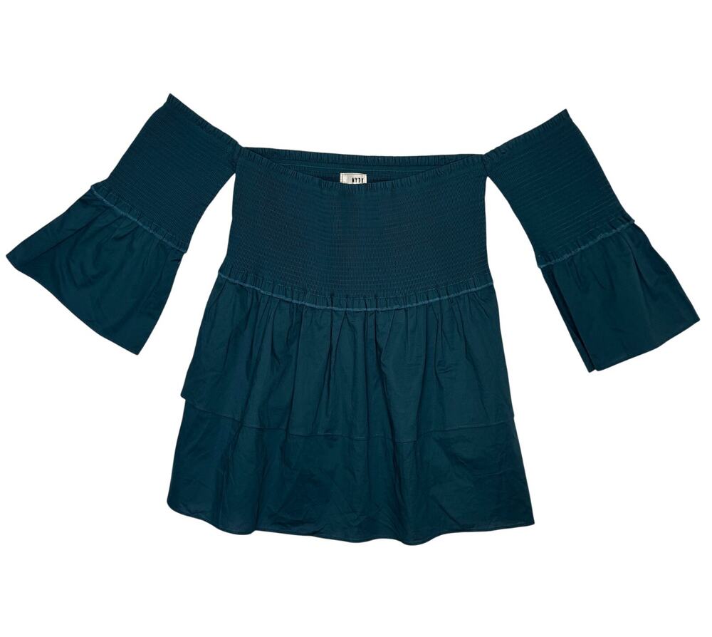 NYTT Teal Smocked Off Shoulder Bell Sleeve Cotton Boho Top Size M
